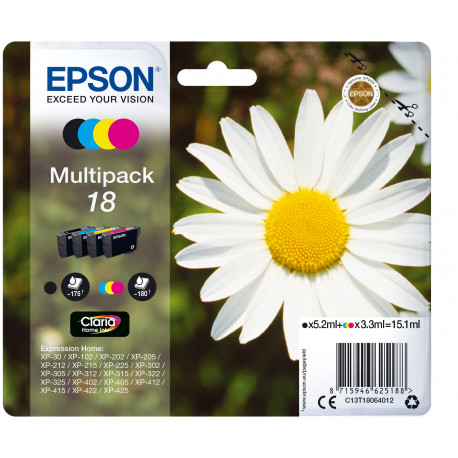 EPSON 18 Multipack Paquerette Encres Claria Home 5,2ml noire, 3.3ml CMJ, Alarme