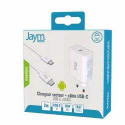 Pack Chargeur Secteur rapide USB-C 30W + Câble USB-C vers USB-C - 2M